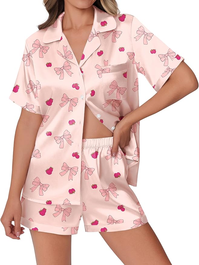 Ekouaer Womens Silk Satin Pajamas Set Animals Print Pjs Button Down Short Sleeve Lounge Set 2 Piece Sleepwear