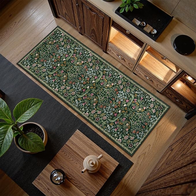 Lahome Claude Floral Hallway Runner, 2x6 Green Washable Runner Rug for Kitchen Non Slip, Soft Stain Resistant Long Carpet for Bathroom Entryway with Rubber Backing