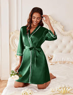 Ekouaer Women's Satin Robe Short Bridesmaid Bride Feather Bridal Robe Kimono Silky Long Sleeve Bathrobe S-XXL