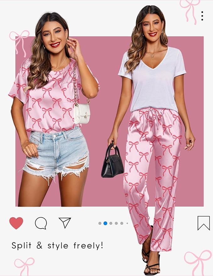 Ekouaer Womens Satin Silky Pajama Set Short Sleeve Shirt with Long Pajama Pant Set Soft PJ Loungewear