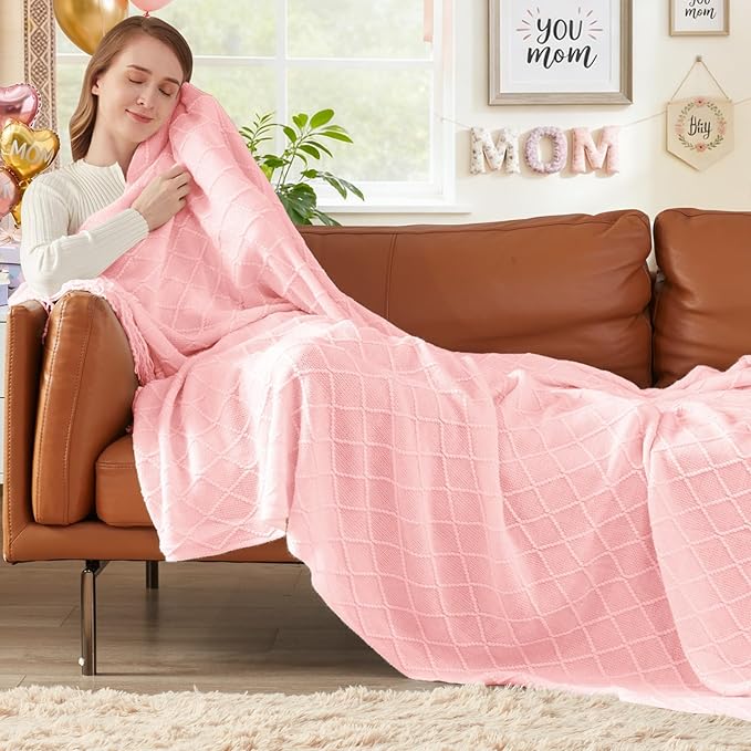 inhand Pink Knitted Throw Blanket for Couch Bed,Mothers Day/Mom Birthday Gifts for Mom from Daughter Son,Romantic Decor for Her Him Girlfriend Wife, Farmhouse Warm Woven for Women,60"x80"