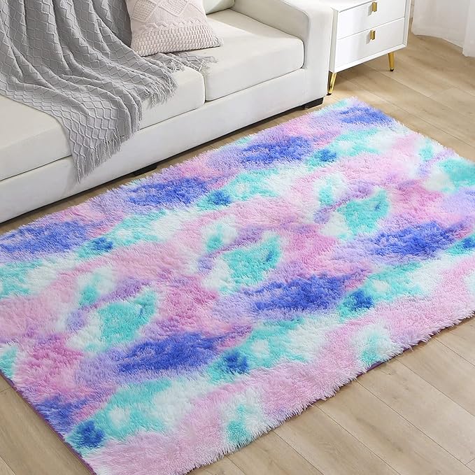 Fluffy Shaggy Area Rug for Girls Bedroom, 4 x 6 Feet Modern Fluffy Area Rug, Purple Blue Tie Dye Soft Plush Carpet for Living, Kids Girls Boys Teens Room, Bedsides, Home Office Decor