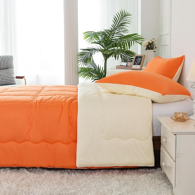 COTTEBED Reversible Softness Bright Orange and Beige King Size Comforter Set Clearance, Jersey Knit T-Shirt Feel California King Cozy Bedding Down Blanket Quilt & Pillowsham for Women Men All Season