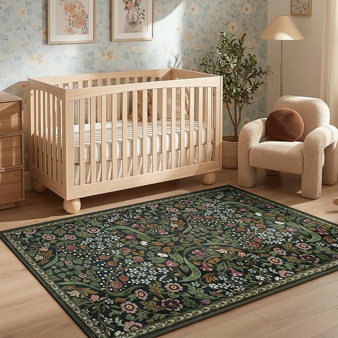 Lahome Claude Floral 3x5 Rugs for Entryway, Botanical Green Machine Washable Boho Throw Rugs for Entrance, Non-Slip Maximalism Stain-Resistant Soft Carpet for Bedroom, Kids Room, Dorm