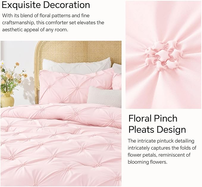 BEDELITE Baby Pink Twin Comforter Set - 2 Peices Boho Pintuck Bedding Comforter Sets, Lightweight Soft & Warm Twin Bedding Sets with 1 Pillowcase for All Season