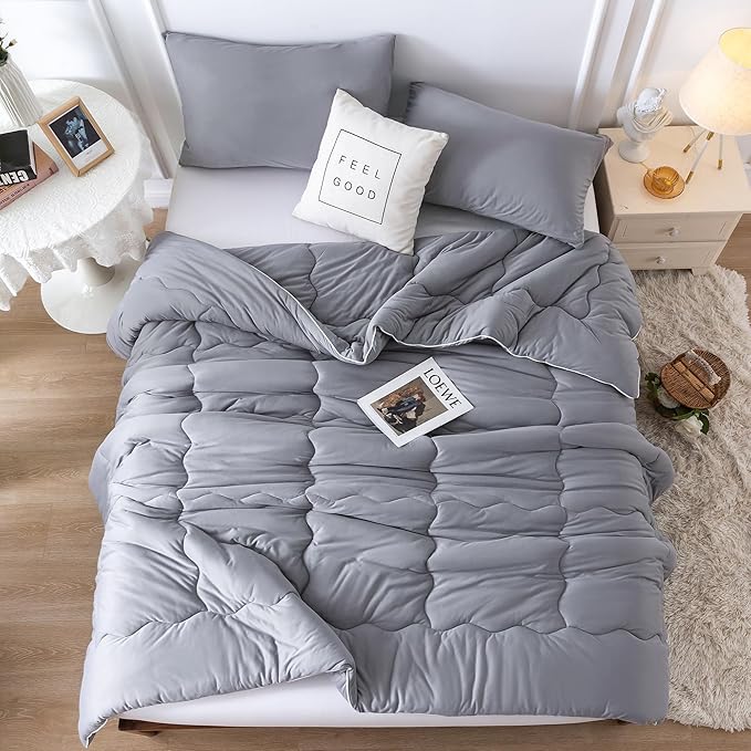 COTTEBED Ultra-Soft King Size Comforter Set, California Cal King Jersey Knit T-Shirt Feel Cozy Durable Cozy Fully Breathable Quilt Bedding Down Blanket and Pillowcase for All Season Use, Dark Gray
