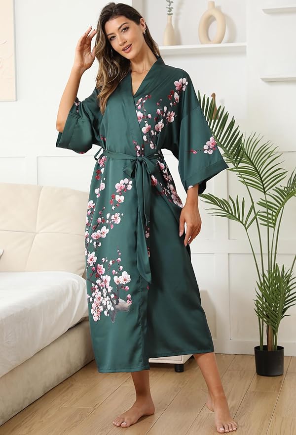 Kihnop Women's Floral Long Kimono Robe Long Satin Robe Long Silk Robe Ladies Kimonos Silky Bathrobe Cover Up, One Size
