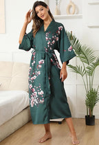 Kihnop Women's Floral Long Kimono Robe Long Satin Robe Long Silk Robe Ladies Kimonos Silky Bathrobe Cover Up, One Size