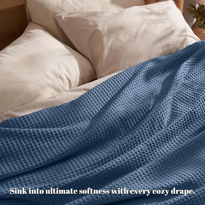 PHF Ultra Soft Waffle Weave Blanket King Size 104"x 90"- Washed Lightweight Breathablee Cozy Woven Blanket - Great for Couch Bed Sofa Home Car - Navy Blue