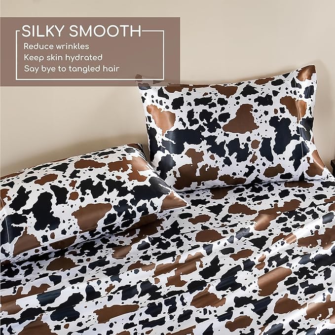 MR&HM Satin Sheets with Elastic Corner Straps, Twin Size 3-Piece Silky Bedding Set, Deep Pocket 15 Inches, Good for Hair & Skin (Twin, Cow Print)