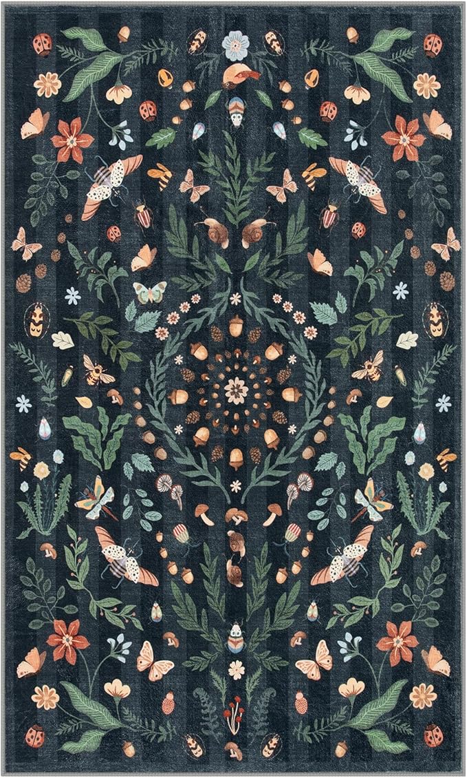 Lahome Insect Botanical 3x5 Washable Rugs for Entryway Soft Rug for Bedroom, Black Kitchen Rugs Non Slip Washable, Boho Floral Indoor Throw Carpet for Bathroom Laundry Living Room(Black,3x5)