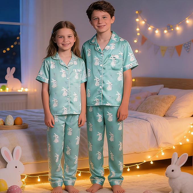 Hupohoi Unisex Girls Boys Kids Pajama Sets Button Down Satin Sleepwear Nighty 3PCS Silky Lounge Sets Nightwear