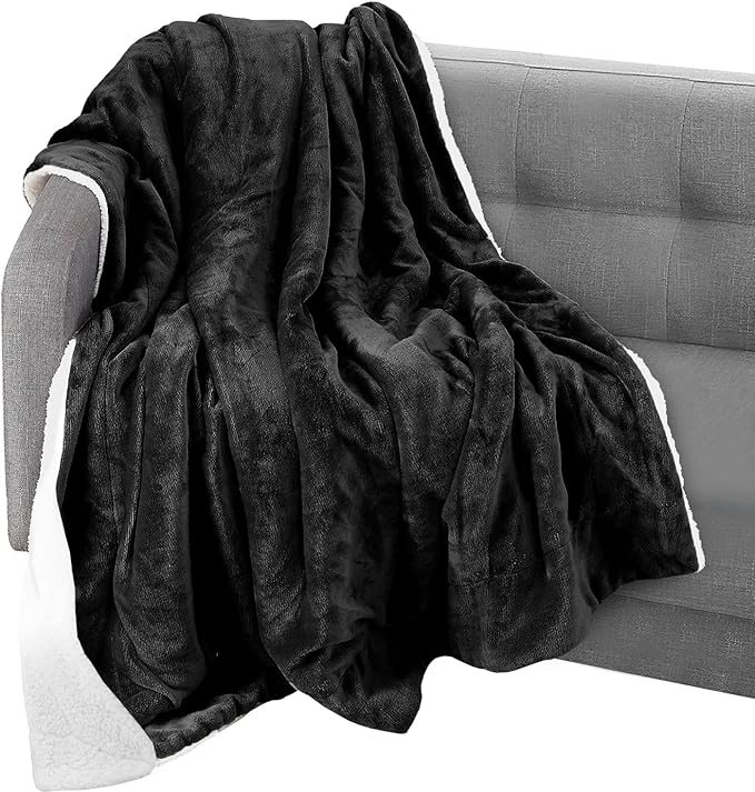 Elegant Comfort Throw Blanket, Reversible Sherpa Flannel, Ultra-Soft, Fuzzy, Cozy and Plush- All Season Lightweight Decorative Throw, 50 x 60 inches, Solid Sherpa Throw, Black