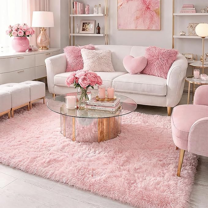 Amdrebio Pink Bedroom Rug 3x5 for Girls Room, Fluffy Plush Bedside Area Rugs for Kids Room Decor Aesthetic, Small Cute Indoor Floor Carpet, Fuzzy Shaggy Throw Rug for Preppy Dorm, Nursery, Playroom