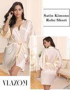 Vlazom Womens Kimono Robes Dressing Gown Satin Bathrobe Nightdress Short Style Bridal Robe