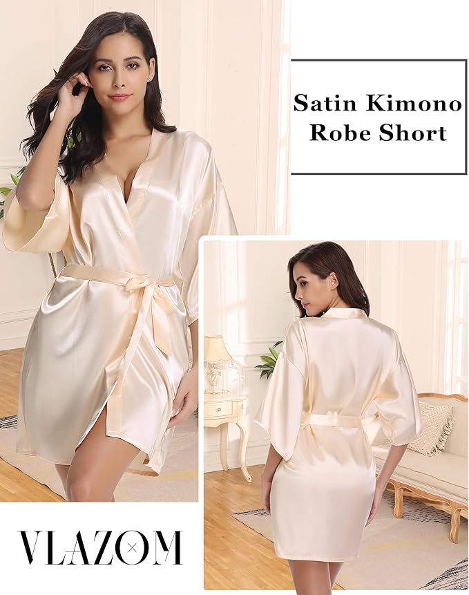 Vlazom Womens Kimono Robes Dressing Gown Satin Bathrobe Nightdress Short Style Bridal Robe
