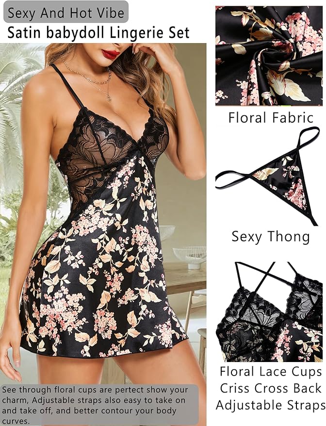 Avidlove Women Lingerie V Neck Sexy Nightwear Satin Sleepwear Lace Chemise Mini Babydoll Nightgown