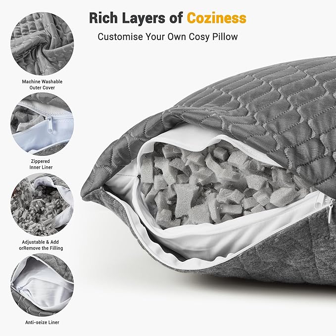 WOLKI King Size Pillows Set of 2 Shredded Memory Foam Pillows 2 Pack, Adjustable Firm Pillow for Side Sleepers, Back, Stomach, Hot Sleepers (20x36)