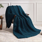 Negwoo Chunky Knit Throw Blanket, 80''*90'' Knitted Throw Chenille Yarn for Bed Couch, Handmade Peacock Blue Crochet Big Thick Blanket, Machine Washable Cute Comfy Blanket for Home Decor