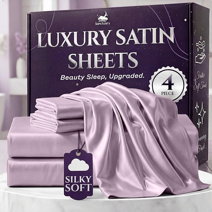 SLEEP SANCTUARY Satin Sheets Full Size – 4 Piece Luxury Silky Bed Set, Softer Than Silk, 15" Deep Pocket, Cooling & Wrinkle-Free, Moisture-Wicking & Breathable for Hair & Skin (Lavender)