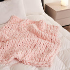Luxury Chunky Knit Blanket Throw, Handmade Thick Chenille Yarn Throw 40"x40", Blush Pink Cable Knit Crochet Blanket, Decorative Cozy and Soft Crochet Throw Blanket for Couch Home Decor