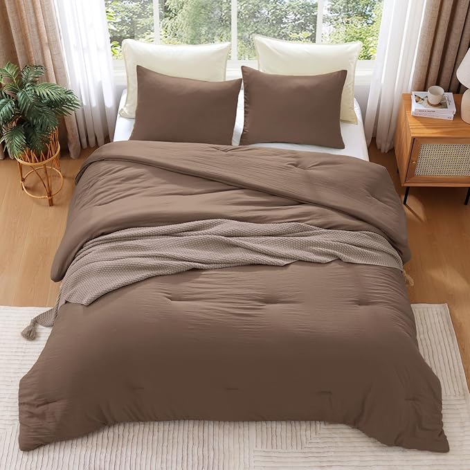 WRENSONGE Super King Comforter Set - 3 Pieces Prewashed Brown Comforter Soft Lightweight for All Seasons,Down Alternative Comforters Super King Size with 2 Pillow Shams