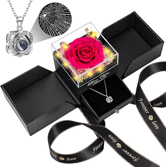 Preserved Dark Pink Real Rose with Heart I Love You Necklace -Eternal Flowers Rose Birthday Gifts for Women Her Mom Wife Girlfriend Grandma on Valentines Mothers Day Christmas Anniversary Romantic