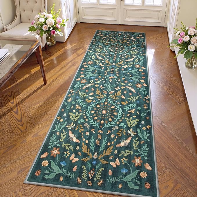 Lahome Chloe Insect Botanical 2x6 Runners for Hallways Non Slip, Green Bathroom Kitchen Runner Rugs Non Skid Washable, Boho Soft Indoor Carpet for Entryway Laundry Bedroom(Dark Green,2x6)