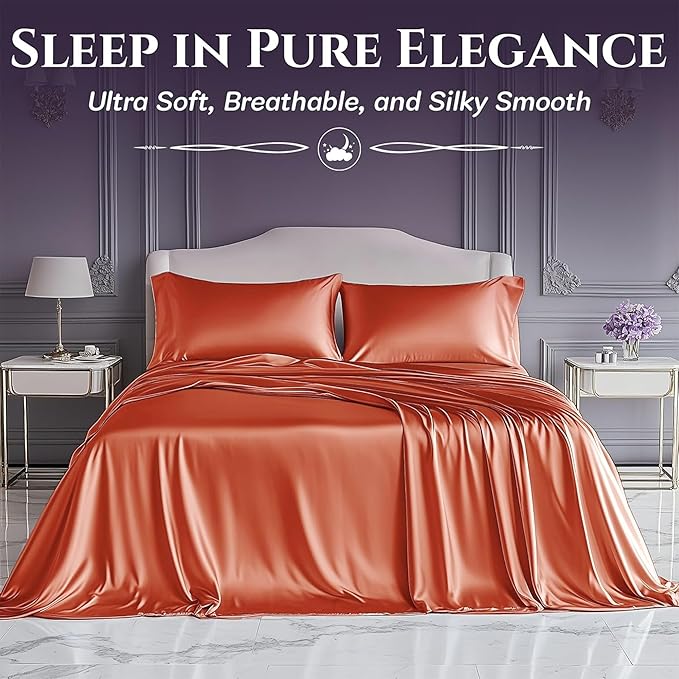 SLEEP SANCTUARY Satin Sheets Full Size – 4 Piece Luxury Silky Bed Set, Softer Than Silk, 15" Deep Pocket, Cooling & Wrinkle-Free, Moisture-Wicking & Breathable for Hair & Skin (Burnt Orange)