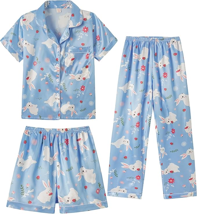 Hupohoi Unisex Girls Boys Kids Pajama Sets Button Down Satin Sleepwear Nighty 3PCS Silky Lounge Sets Nightwear