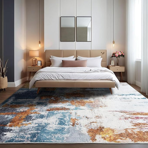 Area Rug 5x7 Washable Rugs Modern Abstract Area Rug Soft Non-Slip Non-Shedding Faux Wool Stain Resistant Floor Carpets for Living Room Bedroom Dining Room Kids Room Home Office (Blue, Grey, Gold)