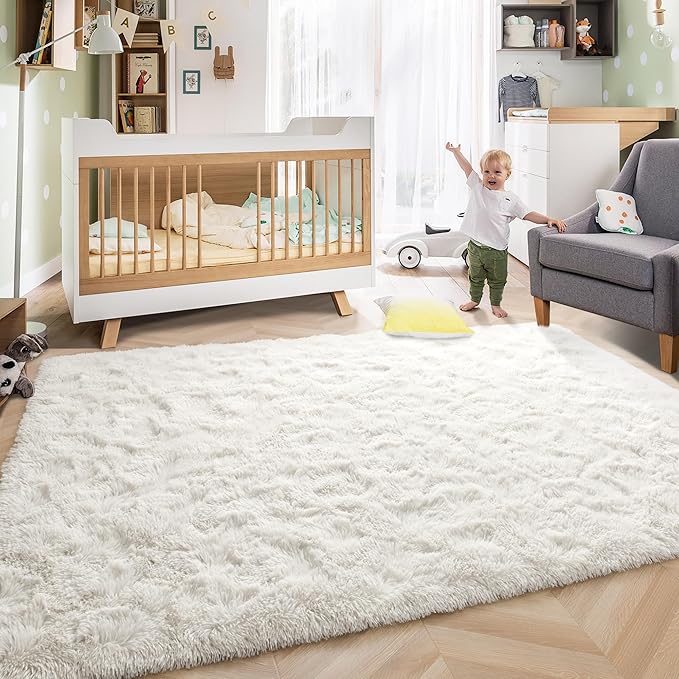 ISEAU Fluffy Rug Carpets Soft Shaggy Area Rugs Indoor Floor Mats for Kids Room Fuzzy Carpet Comfy Cute Nursery Mat Bedside for Boys Girls Bedroom Living Room Home Decor, 6ft x 9ft, Cream White