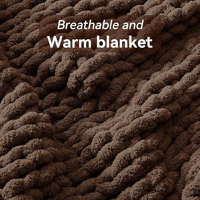 Negwoo Chunky Knit Throw Blanket, 50''*60'' Knitted Throw Chenille Yarn for Bed Couch, Handmade Dark Brown Crochet Big Thick Blanket, Machine Washable Cute Comfy Blanket for Home Decor