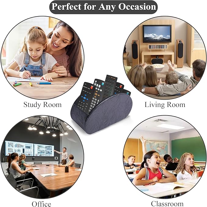 QIELIZI Remote Control Holder, PU Leather Remote Caddy Desktop Organizer with 5 Spacious Compartments for TV Remotes/Media Controllers/Office Supplies (1-Carved Black