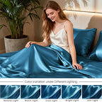 Love's cabin Satin King Sheet Sets - 4 Piece Teal Silky Sheets King Size Bed Set with Deep Pocket, Luxury Silk Feel King Size Satin Sheet Set (1 Flat Sheet,1 Fitted Sheet,2 Pillow Cases)