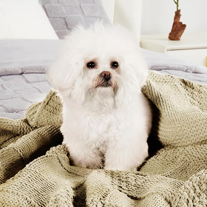 Amélie Home Knit Throw Blanket, Soft Chenille Cozy Breathable Checkered Chunky Decorative Blanket for Couch, Bed & Sofa, French-Inspired Lightweight Warm Gift for Women, Beige, 50"x60"