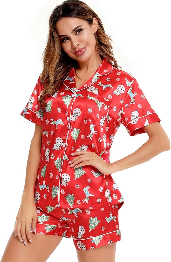 SWOMOG Womens Silk Satin Pajamas Set Short Sleeve Sleepwear Button Down Top and Shorts Loungewear 2 Piece Pjs Set XS-3XL