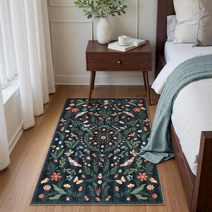 Lahome Insect Botanical 3x5 Washable Rugs for Entryway Soft Rug for Bedroom, Black Kitchen Rugs Non Slip Washable, Boho Floral Indoor Throw Carpet for Bathroom Laundry Living Room(Black,3x5)