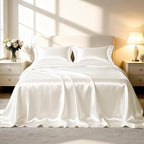 Love's cabin Satin King Sheet Sets - 4 Piece Ivory Silky Sheets King Size Bed Set with Deep Pocket, Luxury Silk Feel King Size Satin Sheet Set (1 Flat Sheet,1 Fitted Sheet,2 Pillow Cases)