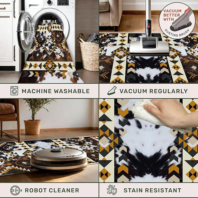 Country Long Hallway Cow Print Rug,2.6x7ft,Faux Cowhide Animal Print Southwestern Runner Rug,Western Aztec Tribal Decor Rustic Runner Rugs, Non-Slip Washable Floor Mat for Kitchen Bedroom