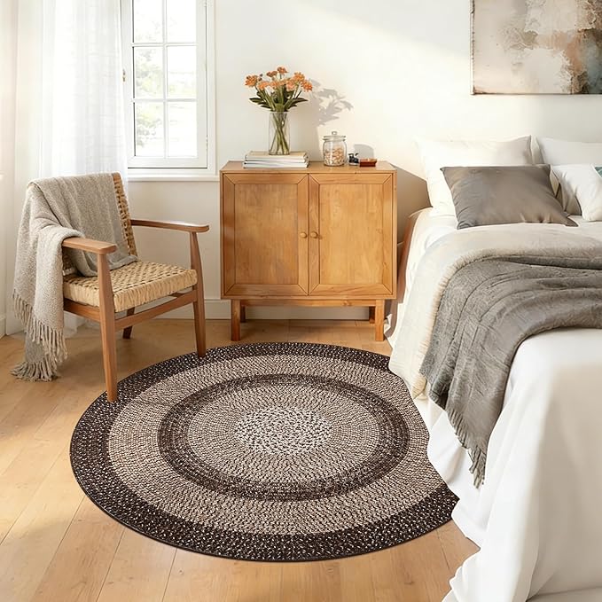 Modern Bordered Round Area Rug 4ft Washable Bedroom Circle Rugs Non Slip Stain Resistant Dining Room Round Throw Carpet Contemporary Circle Mats for Living Room Kitchen Nursery, Brown
