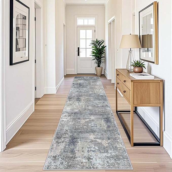 3x12 ft Non Skid Hallway Runner Rug - Long Washable Stain Resistant Low Pile Thin Carpet Runners for Kitchen Entryway Bathroom,Modern Abstract Neutral（Blue Grey,3x12）