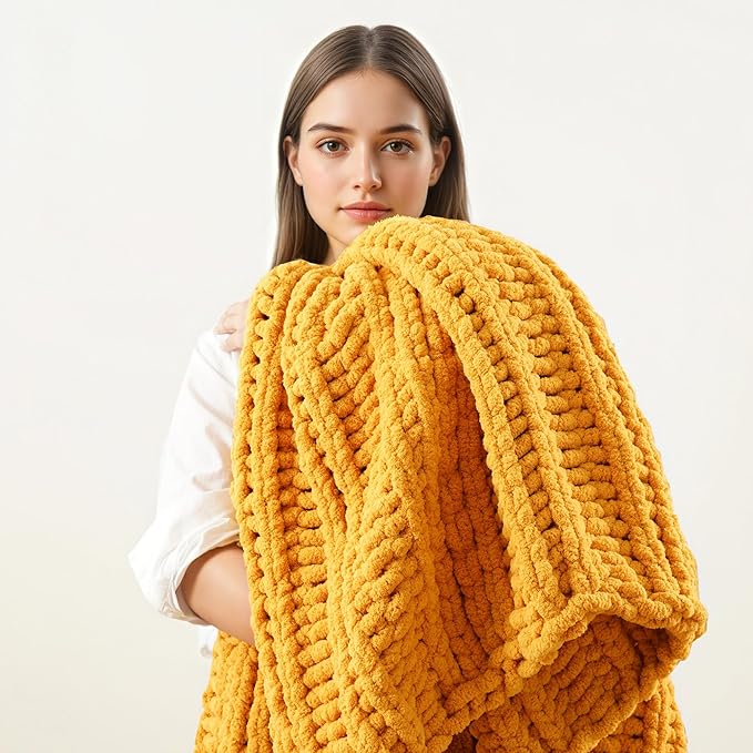 Battilo Mustard Yellow Throw Blanket for Couch, Chunky Knit Throw Blanket, 50"x60", Gold Fall Throw, Super Soft Cozy Warm Chenille Knit Blankets for Bed, Sofa, Living Room