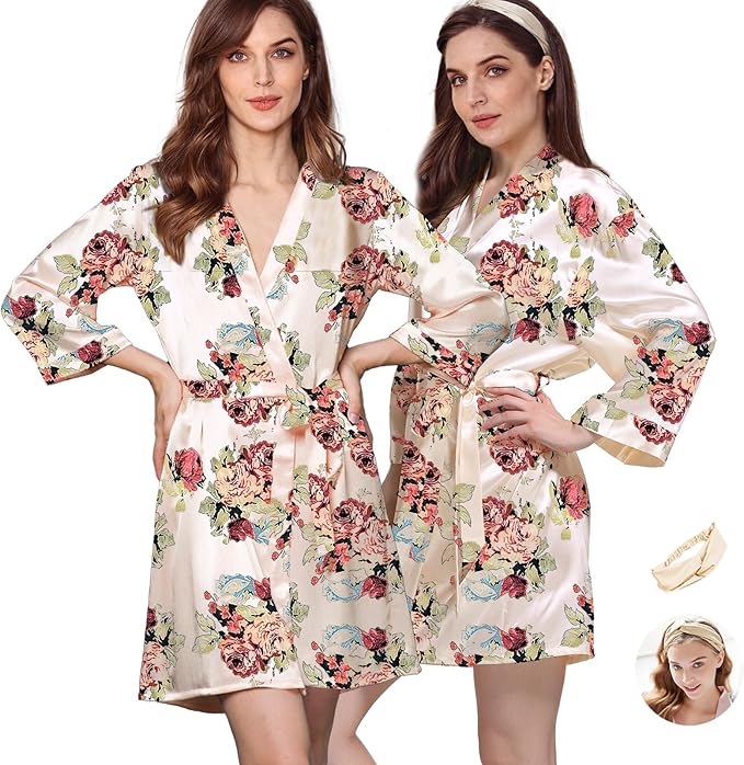 WJing Yi Jia 2Pcs Womens Floral Kimono Robe Silk Robes Bride Bridesmaid Satin Robes Bridal Dressing Gown Silky Bathrobe