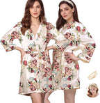 WJing Yi Jia 2Pcs Womens Floral Kimono Robe Silk Robes Bride Bridesmaid Satin Robes Bridal Dressing Gown Silky Bathrobe