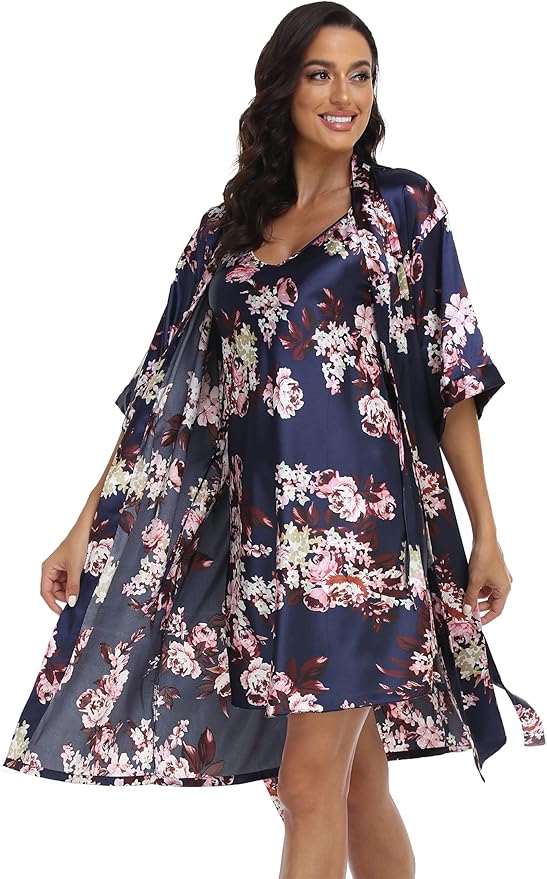 Women's Satin Robes Set with Nightgown Silk Kimono Pajamas 2 Piece Sleepwear Camisole Wedding Bride Gown Set