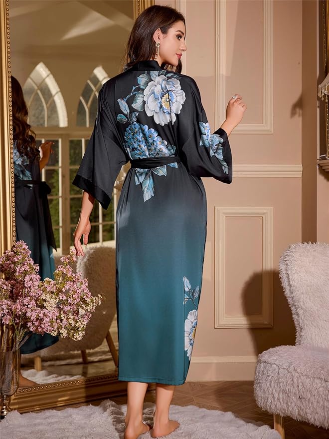 Kihnop Women's Floral Long Kimono Robe Long Satin Robe Long Silk Robe Ladies Kimonos Silky Bathrobe Cover Up, One Size