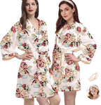 WJing Yi Jia 2Pcs Womens Floral Kimono Robe Silk Robes Bride Bridesmaid Satin Robes Bridal Dressing Gown Silky Bathrobe