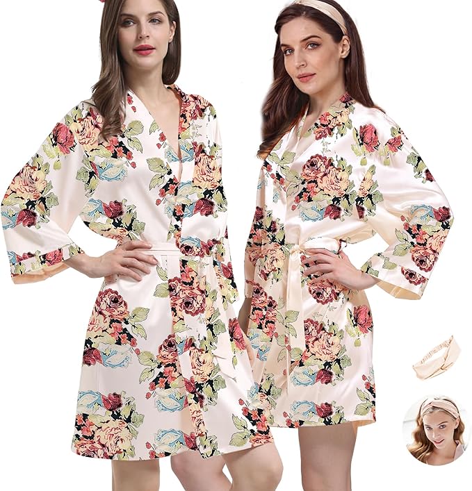 WJing Yi Jia 2Pcs Womens Floral Kimono Robe Silk Robes Bride Bridesmaid Satin Robes Bridal Dressing Gown Silky Bathrobe