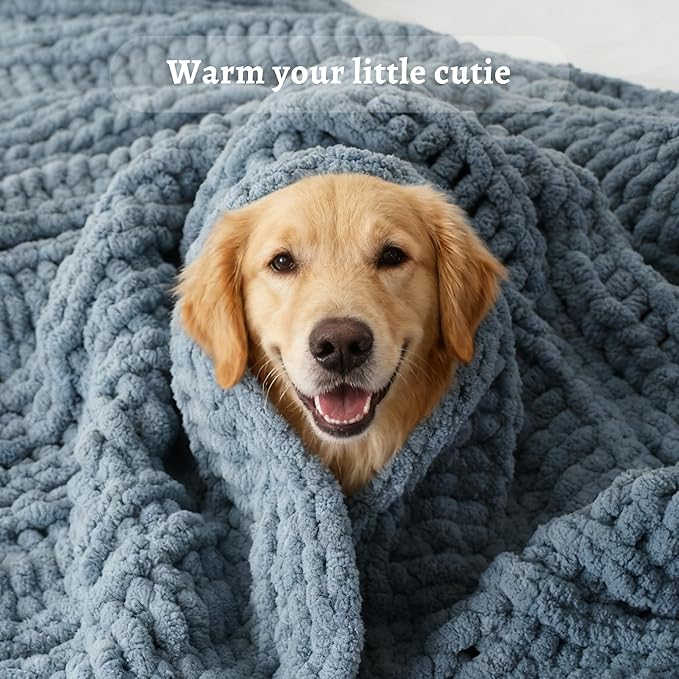 Battilo Bluish Grey Chenille Throw Blanket, Chunky Knit Throw Blanket for Couch, Soft Cozy Warm Cable Knit Blankets for Bed, Sofa, Living Room, 50"x60"